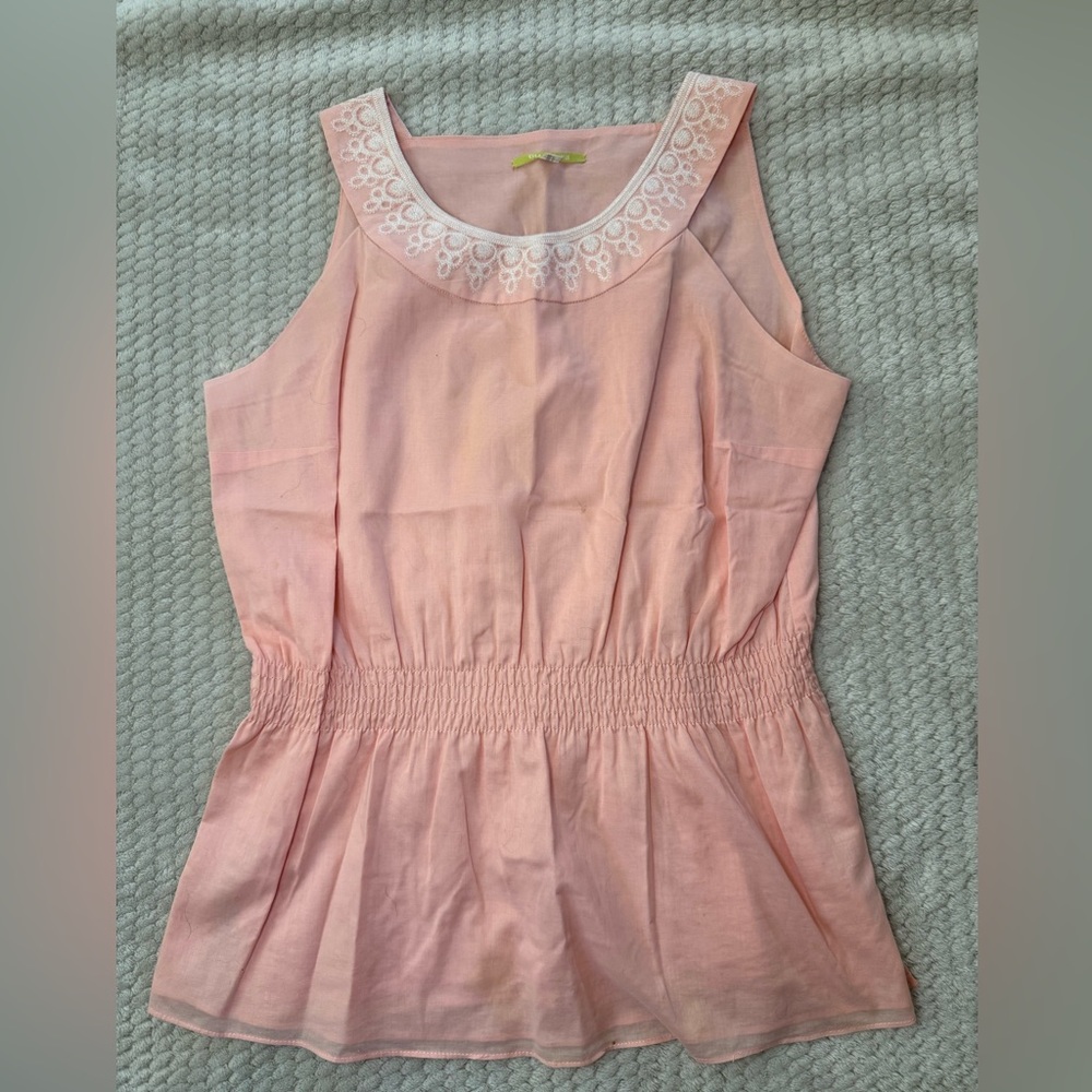 Gianni Bini Light Pink Sleeveless Blouse with Embroidered Neckline